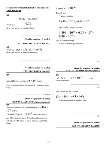 Standard Form (all Edexcel foundation exam questions 2015 onwards)