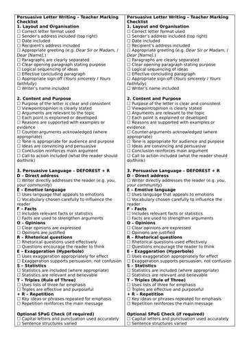 Persuasive Letter Writing – Teacher Marking Checklist (DEFOREST + R)