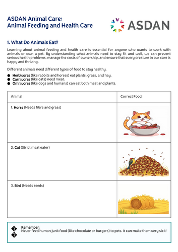 ASDAN Animal Care - Feeding and Health Care Booklet