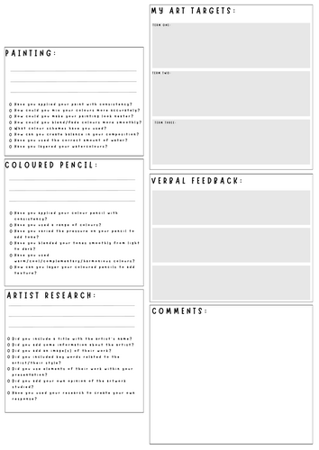 Feedback sheets for Art lessons