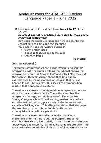 Levels 5, 7 and 9 model answers (AQA GCSE English Language Paper 1 June 2022)