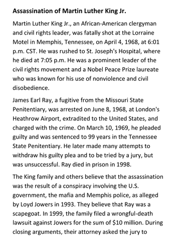 Assassination of Martin Luther King Jr Handout