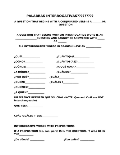 Question words graphic organizer and practice (Spanish)