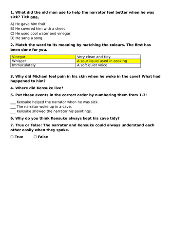 Reading Comprehension Kensuke's Kingdom Chapters 1 -8