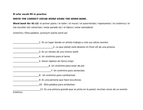El arte vocab fill in practice