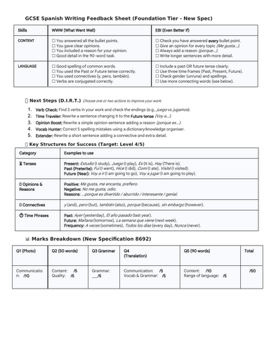 Spanish GCSE Writing Feedback Sheets (New Spec 2025) - Higher + Foundation