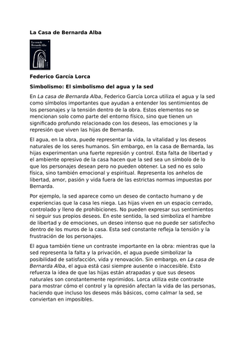 La Casa de Bernarda Alba by Federico García Lorca – Symbolism: Water and thirst