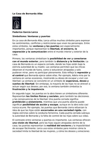 La Casa de Bernarda Alba by Federico García Lorca – Symbolism: Windows and doors