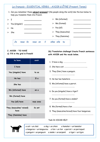 AVOIR & ÊTRE worksheet with ANSWERS