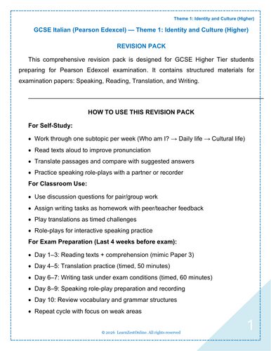GCSE Italian (Pearson Edexcel 1IN0) Theme 1: Identity and Culture — Higher REVISION PACK