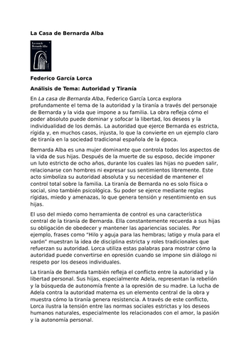 La casa de Bernarda Alba by Federico García Lorca – Themes: Authority and Tyranny