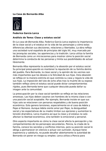 La Casa de Bernarda Alba by Federico García Lorca – Class and Social Status