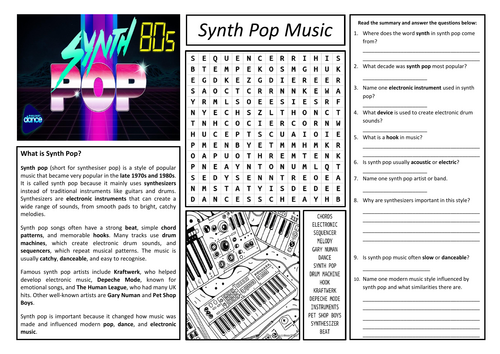 Synth Pop Music Worksheet (Cover Lesson)