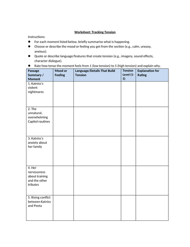 The Hunger Games - Chapter 7 Tracking Tension Worksheet