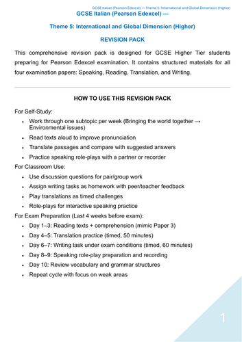 GCSE Italian Pearson Edexcel Theme 5 – International and Global Dimension (Higher) – Revision Pack