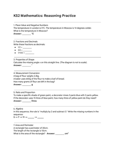 Year 6 KS2 Mathematics: Reasoning & Problem Solving Practice