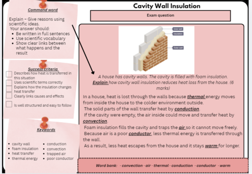 KS3 Physics – Heating & Cooling – Insulation 6-Mark Questions (Loft + Cavity Wall)