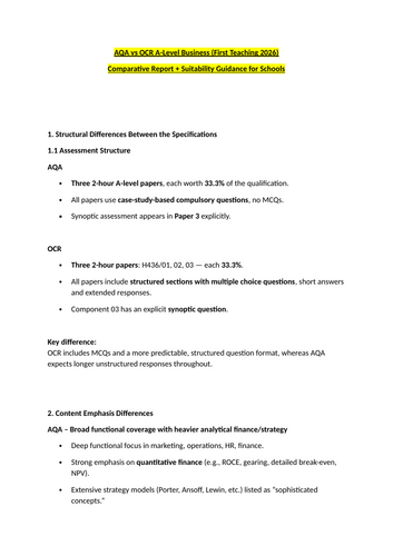 New Business A level 2026 - AQA OCR Comparison Report