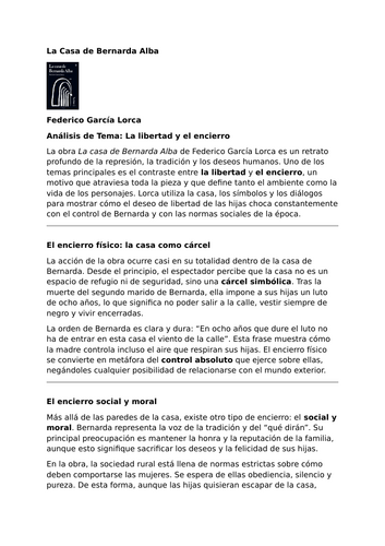 La Casa de Bernarda Alba by Federico García Lorca – Theme: Freedom and Enclosure
