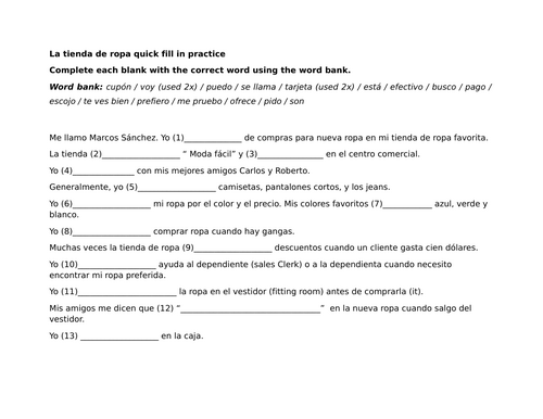 La tienda de ropa quick fill in practice