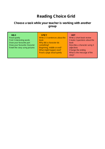 Reading Choice Grid