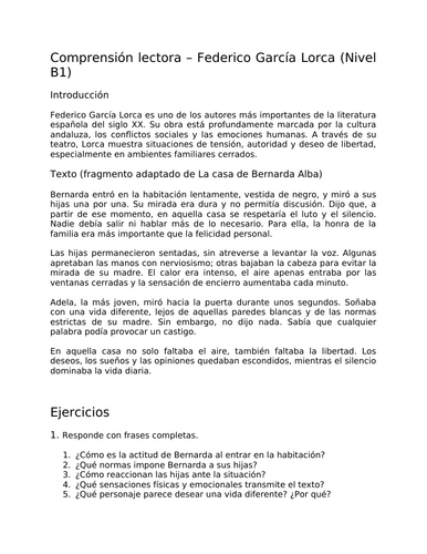 Comprensión lectora – Federico García Lorca (Nivel B1)_Answers included