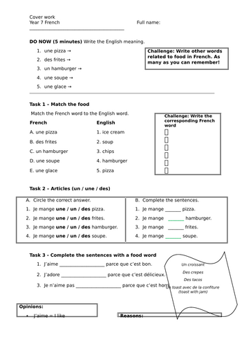 Y7 French cover worksheet La nourriture