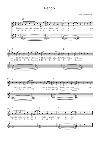 Rehab Amy Winehouse Piano Lead Sheet