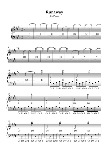 Runaway piano sheet music