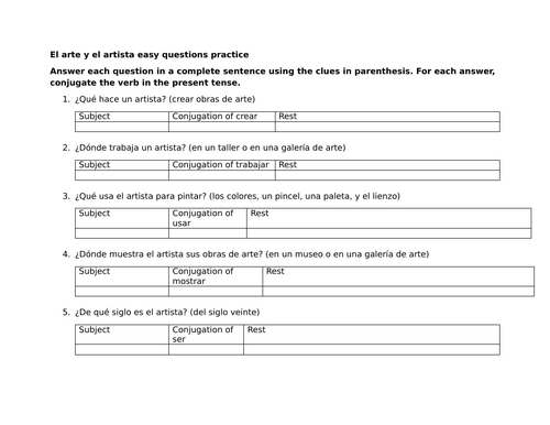 El arte y el artista easy questions practice