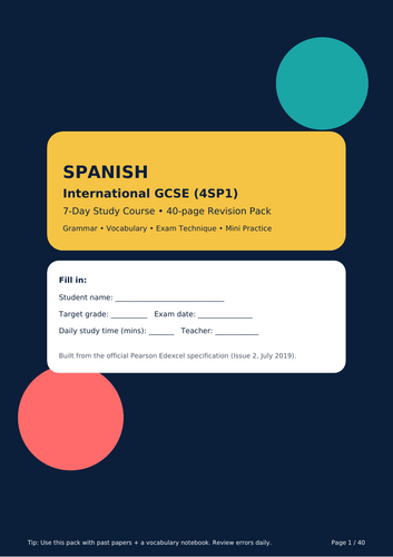SPANISH  IGCSE EDEXCEL  40 PAGE REVISION