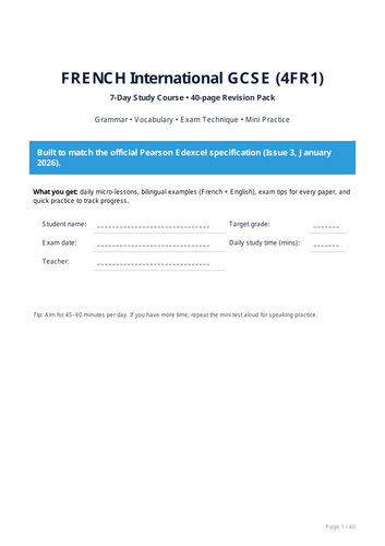 FRENCH EDEXCEL IGCSE 40 PAGE BOOKLET