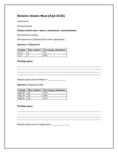 Relative Atomic Mass Worksheet (AQA, GCSE)