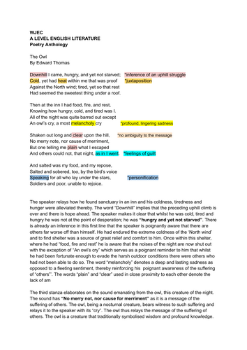 A /AS LEVEL ENGLISH LITERATURE "The Owl" analysis (Edward Thomas anthology)