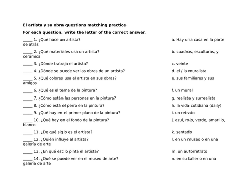 El artista y su obra questions matching practice