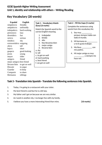 Identity and relationship UNIT 1 - Spanish gcse vocab, writing and reading