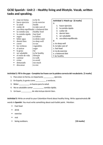 Healthy living and lifestyle - Unit 2 GCSE Spanish - Vocab, writing and speaking