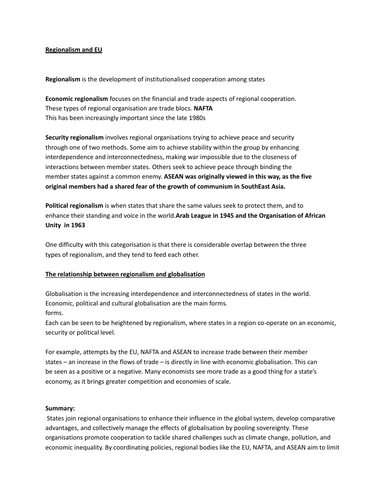 Regionalism and EU - A level Politics