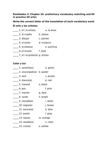 Realidades 3: Chapter 2A preliminary vocabulary matching and fill in practice
