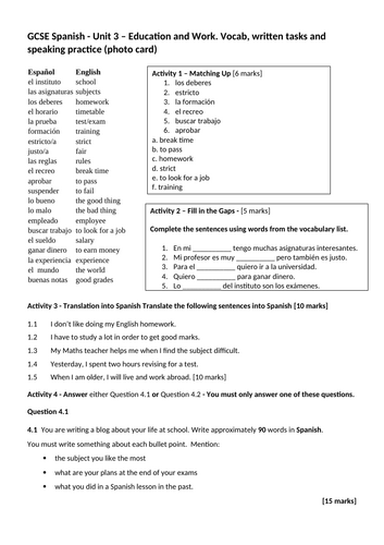Education and work UNIT 3 - vocab, written tasks and speaking (photo cards)