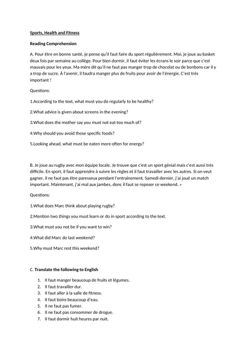 Sports,Health & Fitness- French KS3