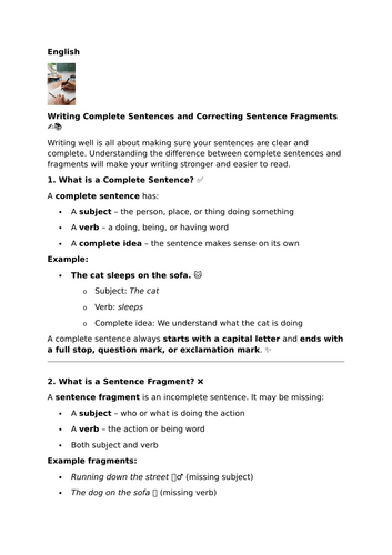 Writing Complete Sentences and Correcting Sentence Fragments