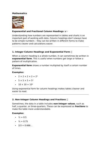 Exponential and Fractional Column Headings