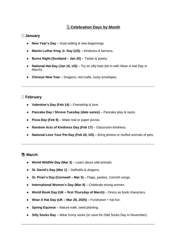 Celebrations to teach (special events/holidays)