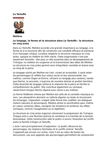 Le Tartuffe by Molière – Language, Form, and Structure – Five-Act Structure