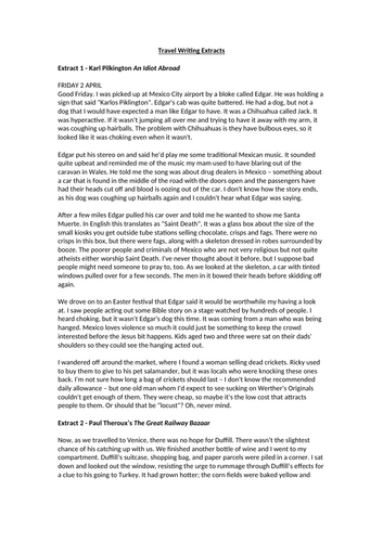 Travel Writing Extracts Worksheet (Pilkington and Theroux)