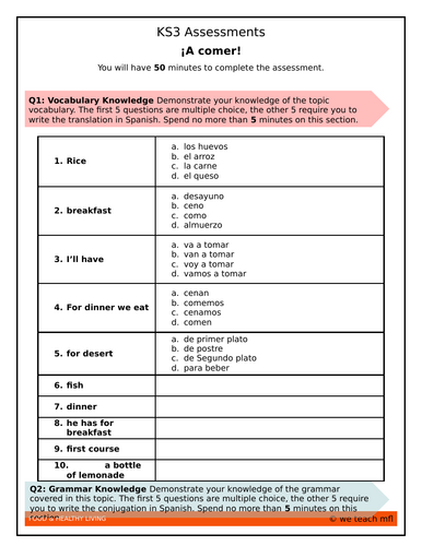 ¡A Comer! – KS3 Spanish Assessment (FREE)