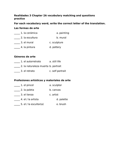 Realidades 3 Chapter 2A vocabulary matching and questions practice