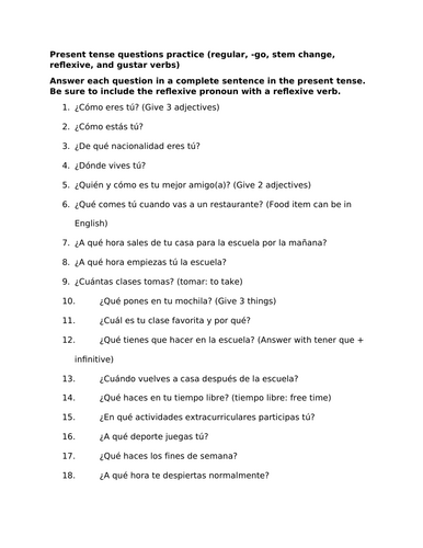 Present tense questions practice (various verb types)