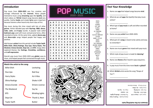 Pop Music 2020 - 25 Worksheet (Cover Lesson)